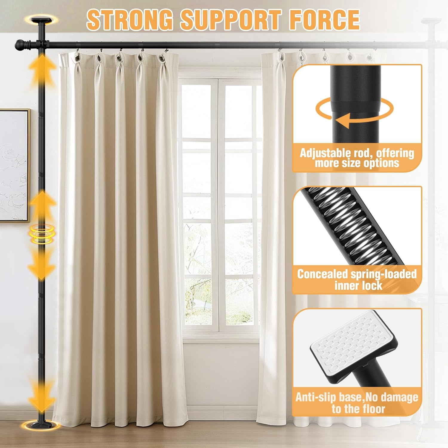 Room Divider Curtain Rods No Drilling, Adjustable 4-11ft(H) 28-117”(W) Wall Divider for Room Separation, Temporary Privacy Tension Curtain Rods, Black