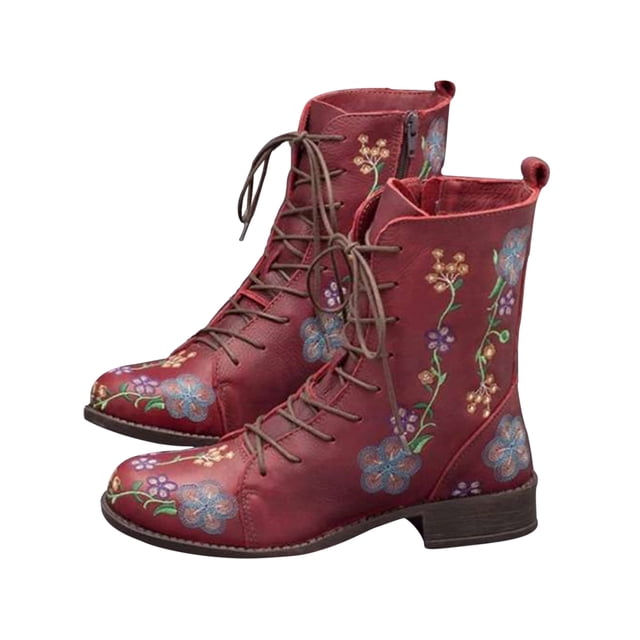 Woobling Bottes d'Hiver pour Femmes Lacets Bottines Fermeture Éclair Latérale Bottes de Combat Chaussures Confortables Imperméables Floral Rouge 8.5