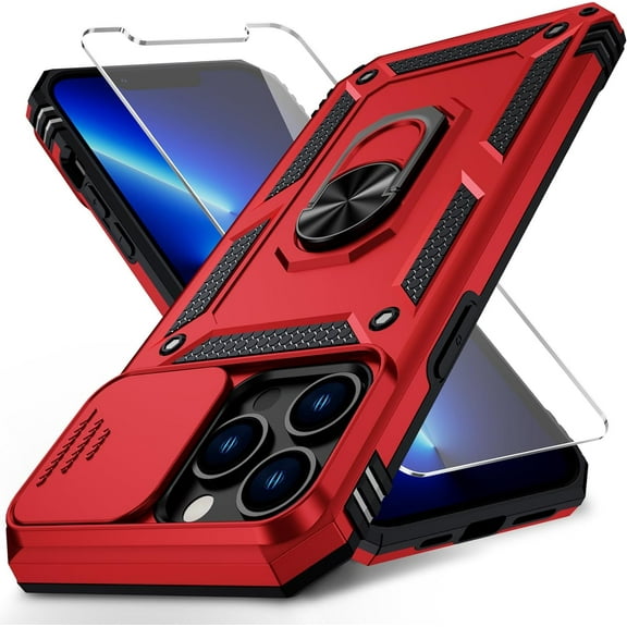 for iPhone 13 Pro Max Case with Slide Lens Cover, HD Screen Protector, Military Grade Drop Protection, Magnetic Rotated Ring Holder Kickstand Phone Case (Red)