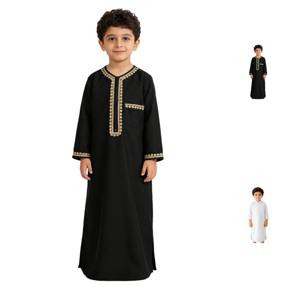 UJNDER Casual Romper Boy's Muslim Robe Thobe Traditional Ethnic Style Long Sleeve Jumpsuit with Pockets for Daily Wear,Black,2-3 Years