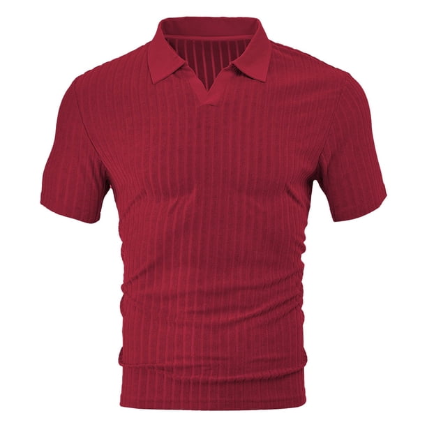 Mens Casual Manga Corta Botón Abajo Camisas Color Sólido V-Cuello Turndown Cuello Blusa, 95% Poliéster 5% Spandex Top para Verano Primavera