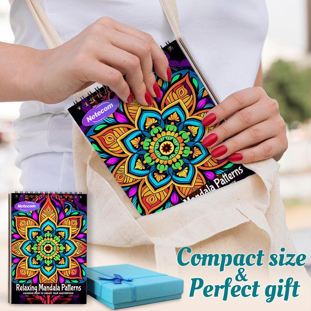 Netecom Relaxing Mandala Patterns Coloring Book Spiral Bound For Adults, A5 Wooden Cover, 30 Beautiful Coloring Pages of Floral Mandalas for Stress Relief and Relaxation