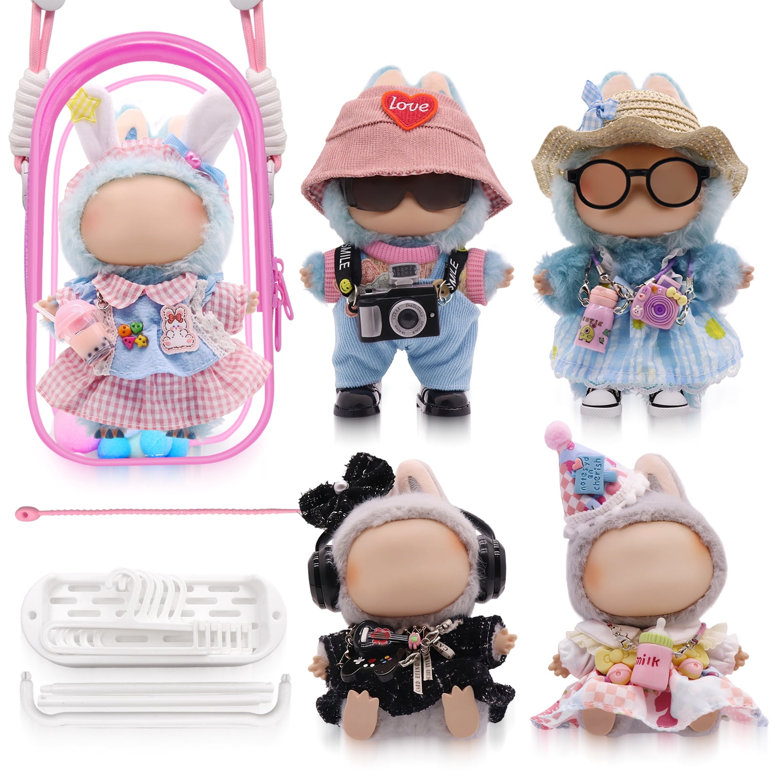 5-Pack Clothes Set Designed for Labubu Clothes with Accessories Set, Includes 6 Mini Accessories, Display Bag, Clothes Rack, Headphones, Camera, Sunglasses, Shoes Accessories for Labubu - Style B
