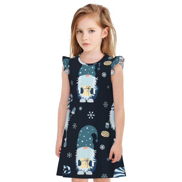 Fotbe Gnome and Snowflakes Vestido de Dormir para Niñas de 3 a 10 Años, Mangas Cortas, Estilo Princesa, Pijama Camisón con Mangas Voladas-Small