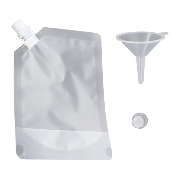 Bolsas transparentes con boquilla de succión, 20 unidades, recipientes portátiles para bebidas, con 2 embudos para camping y viajes (10 bolsas de 250 ml + 10 bolsas de 350 ml)