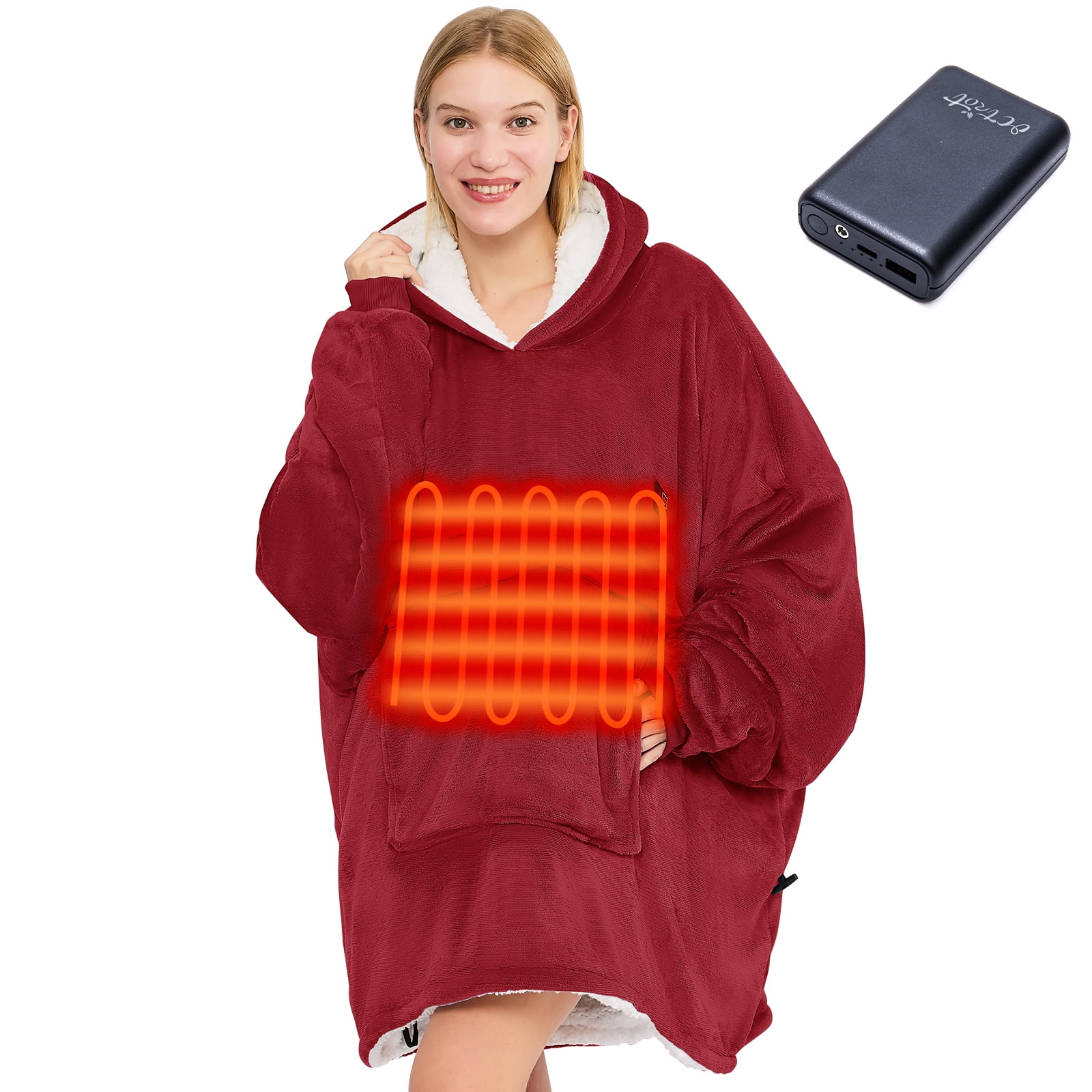 PMONPA Heated Wearable Blanket, Oversized Wearable Heated Blanket for Adult, Sherpa Fleece Blanket Hoodie, One Size, Burgundy