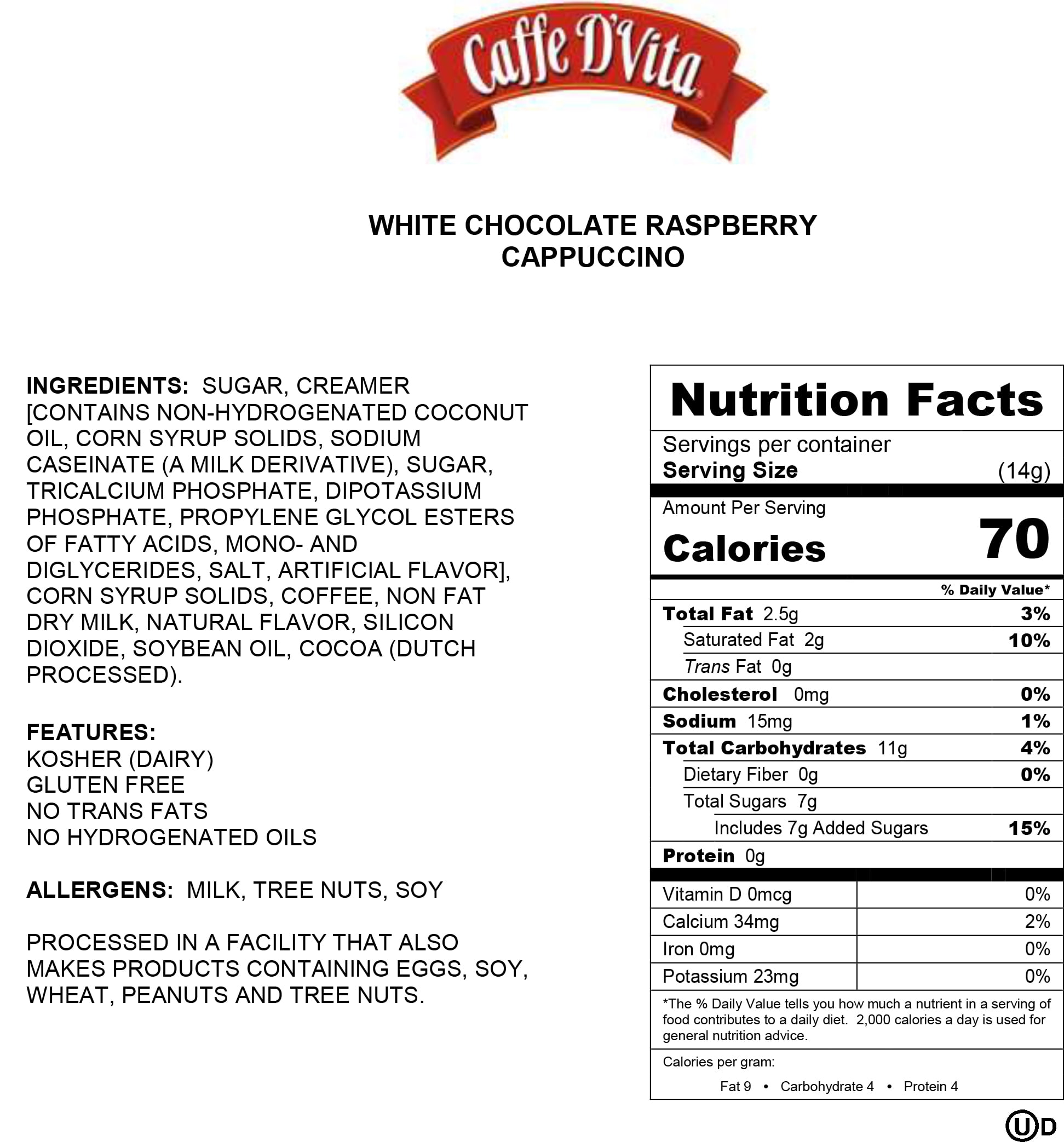 (6 Pack) Caffe D'Vita White Chocolate Raspberry Cappuccino, 1lb Cans. Instant powder drink mix