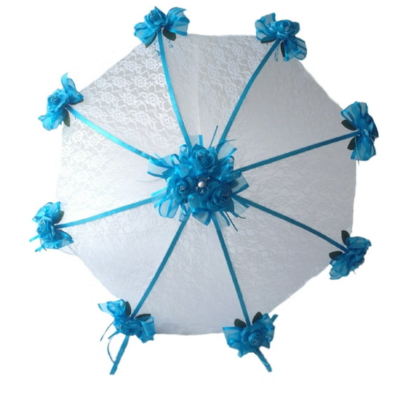Decorated Bridal Shower White Lace Umbrella Parasol 36 and Turquoise Roses Decorated Bridal Shower White Lace Umbrella Parasol 36 and Turquoise Roses
