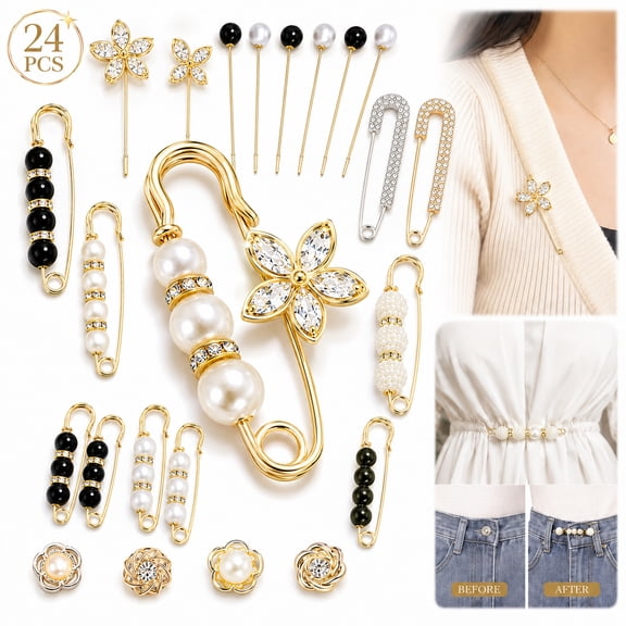 Rongsi 24-Piece Faux Pearl & Crystal Brooch Pins, No-Sew Waist Tightener & Safety Pin Set for Women, Decorative Clips for Sweaters, Dresses, and Jeans