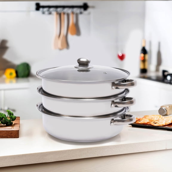 3-Tier Stainless Steel Steamer with Glass Lid- Multi-Functional Steam & Cook, Space-Saving Overlapping Design,for Various Stoves