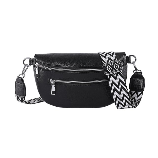 Bolso Cintura Con Múltiples Bolsillos PU Texturizado Moderno Y Versátil Bandolera Con Un Hombro Bolso Pecho Con Correas Jacquard (negro)