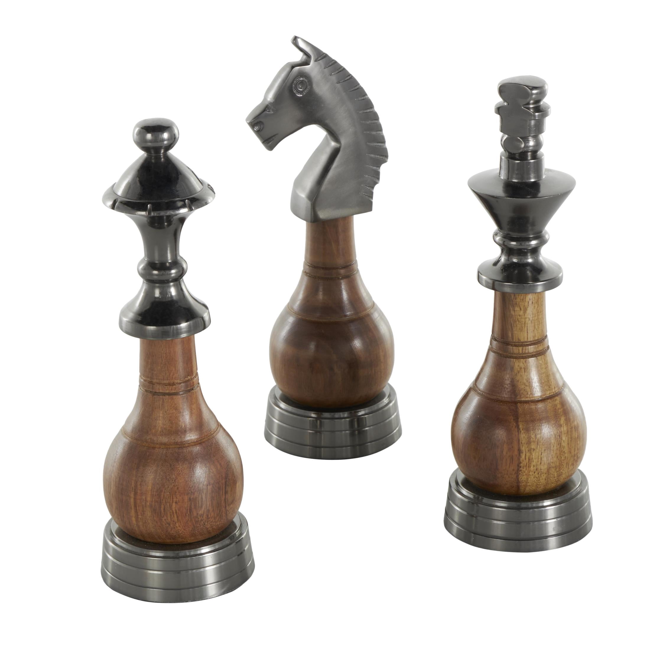 3"W, 9"H Dark Gray Aluminum Metal King, Queen, and Knight Chess Sculpture with Mango Wood Center, by DecMode (3 Count)
