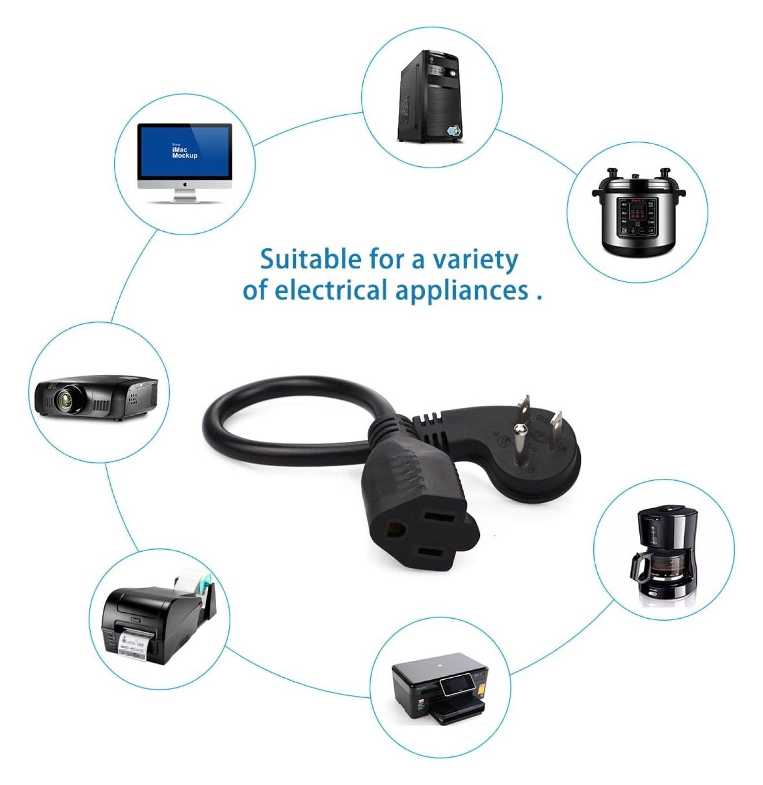 Flat Plug Short Extension Cord, Right Angle 3 Prong, 1625 watts, 16 AWG, 13 amps 125 Volts, UL Listed, 5 Pack, Black 1 Foot by YfulYde