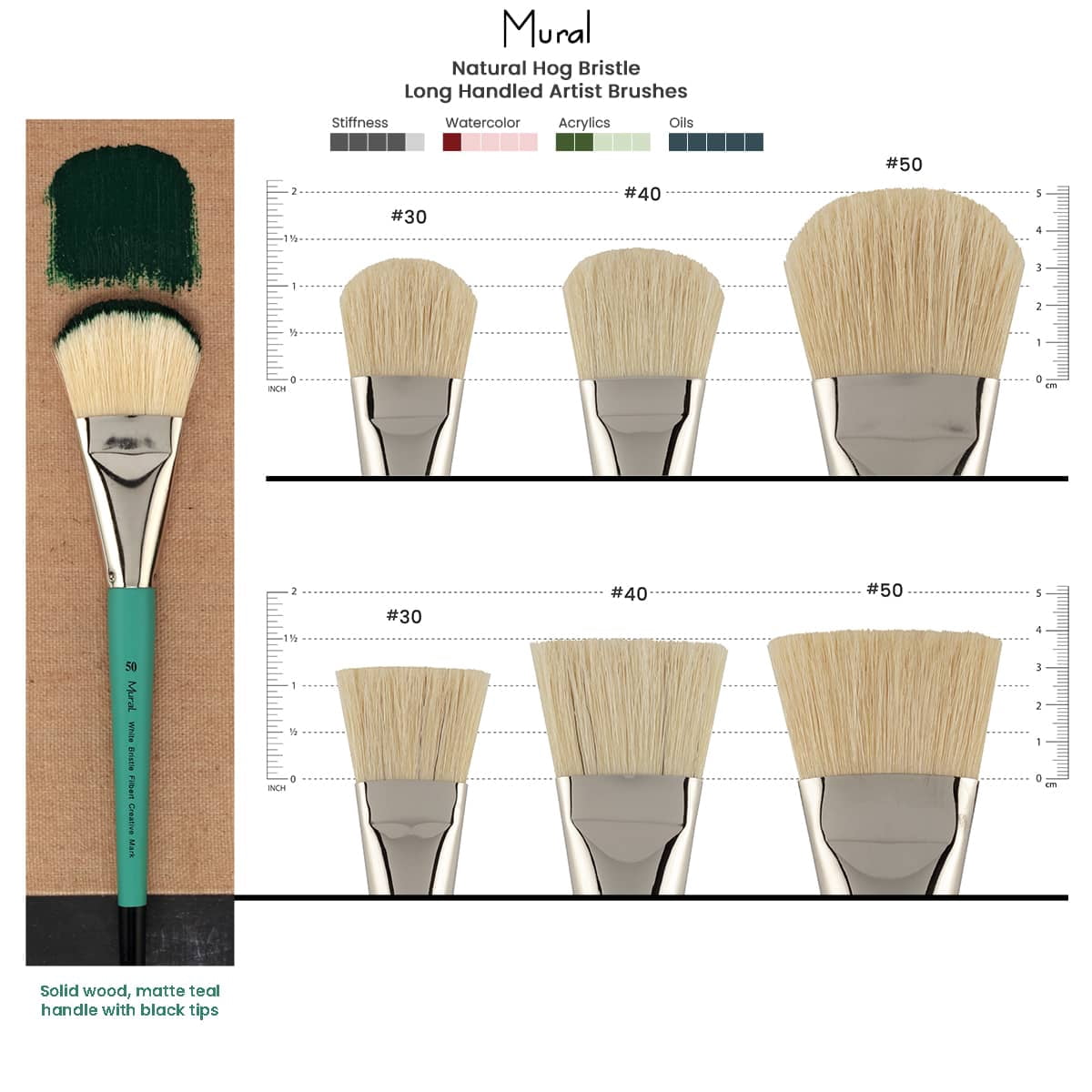 Creative Mark Art Supplies Large Mural Natural Hog Bristle Paint Brush - Flat #30 - 2 Pack - Artist Supplies for Acrylics, Watercolors, and Oils - Durable, Resilient, Seamless Ferrules