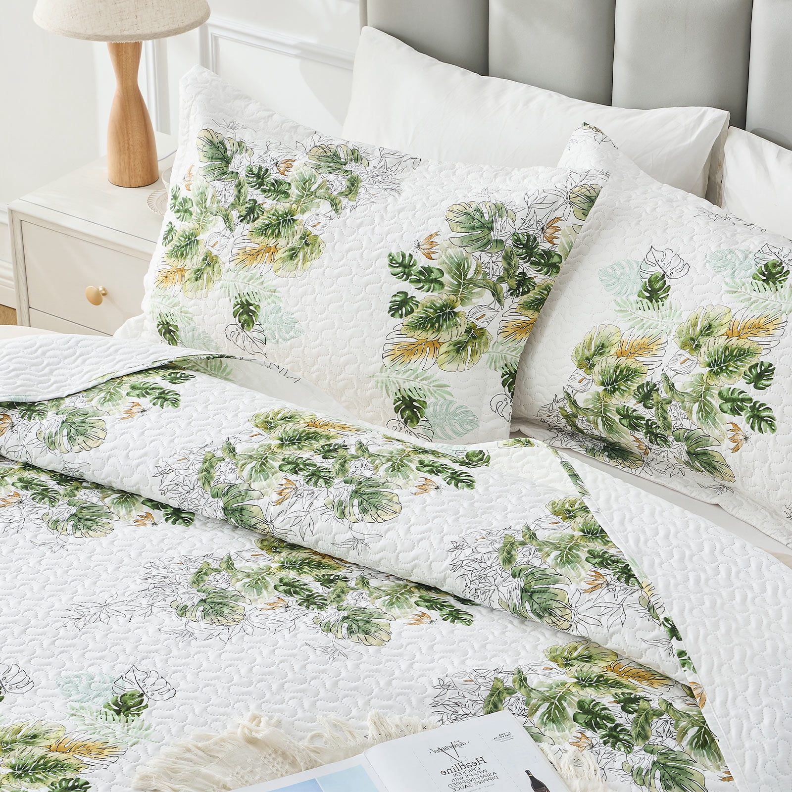 Hitime Luxury Printed Quilt Set Queen Size, Lightweight Comforter Set, Oversized Bedspread Coverlet Quilted Bedding Set, with 2 Matching Pillowcases, for All Season