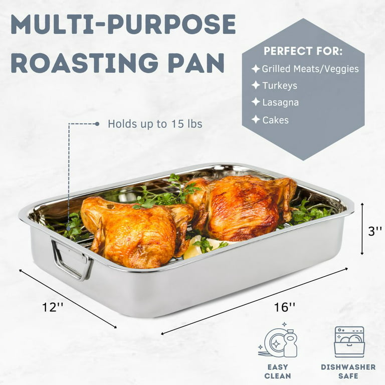 16” Roaster Roasting Pan with Baking Rack and V-shaped Rack, P&P CHEF  Stainless Steel Rectangular Lasagna Pan with Handles for Turkey Chicken,  Heavy