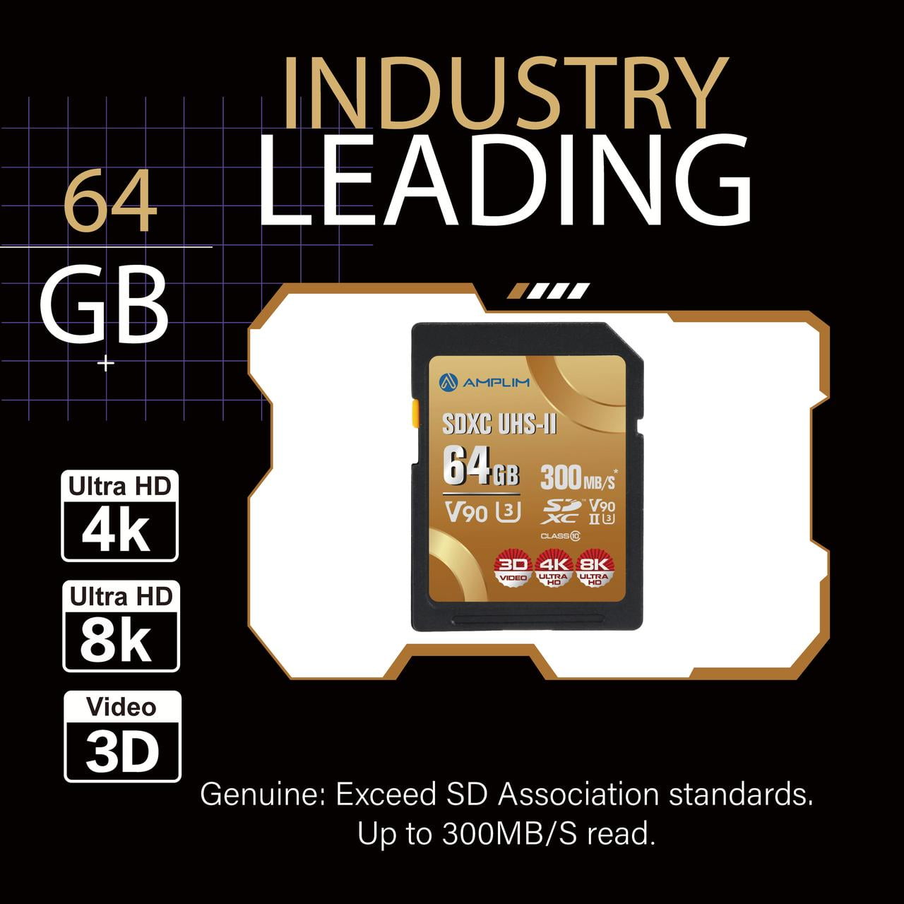 Amplim 64GB SDXC SD Card, UHS-II V90 300MB/s (2000X) UHSII U3 Extreme High Speed 64 GB SD XC Memory