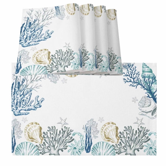 Coastal Placemats for Dinning Table Set of 4, Ocean Coral Shell Turquoise Blue Conch Burlap Kitchen Place Mats Waterproof Cloth Table Mats, Indoor Outdoor Placemats Easy Clean Dinner Decor