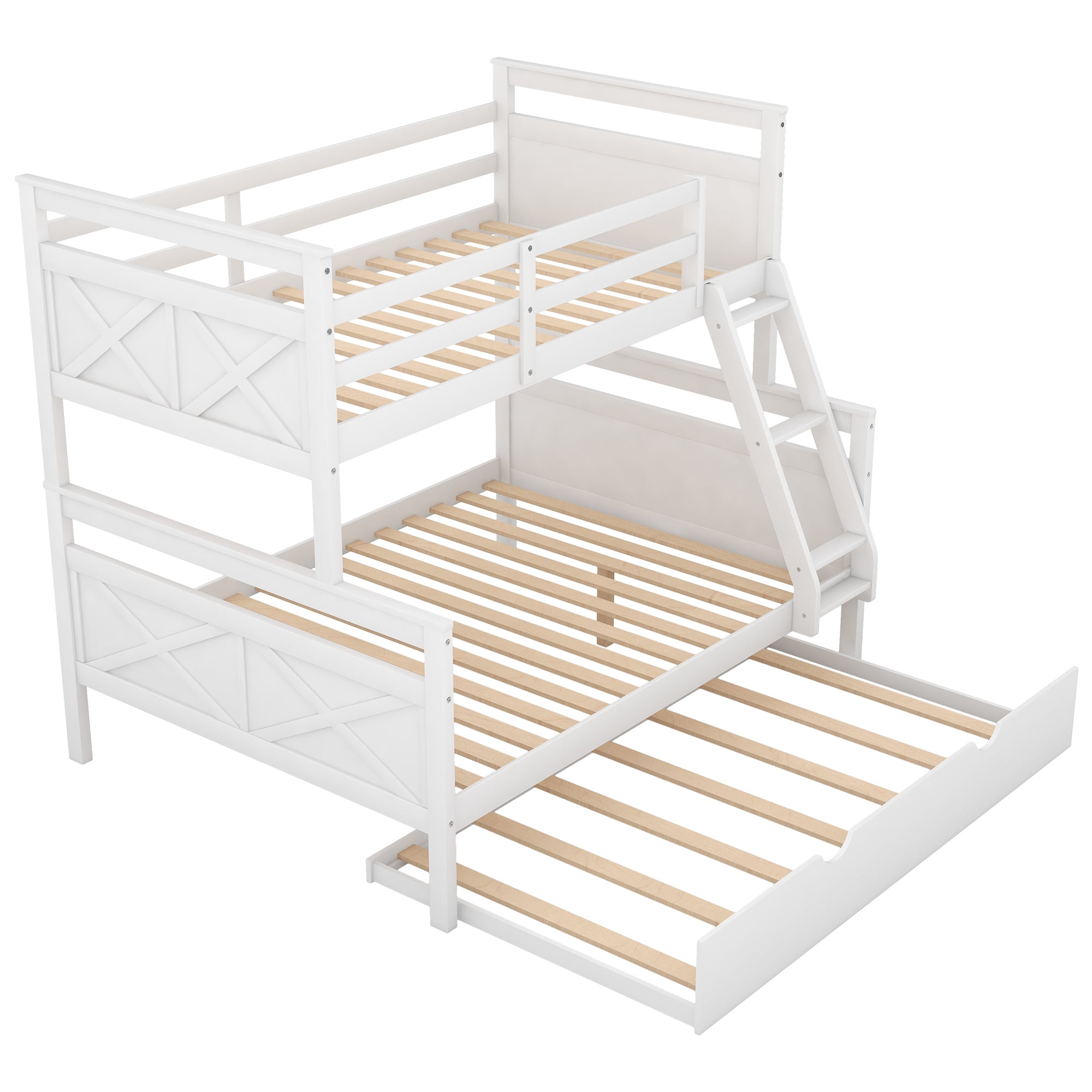 Euroco Wood Twin over Full Bunk Bed with Trundle for Kids Teens & Adults for Bedrooms, White