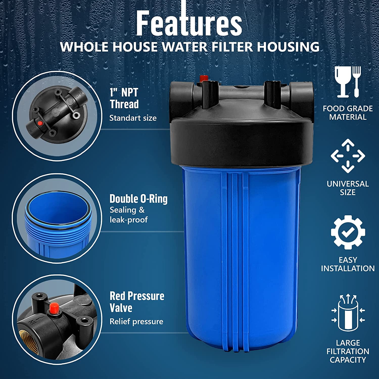High Capacity 10 x 4.5 Whole House Filter Purifier System for Well or City Water, Presser Relief Button, 1 NPT Brass Port, Double O-ring, Meets NSF Standards & Regulations (Blue, 4 Sets)