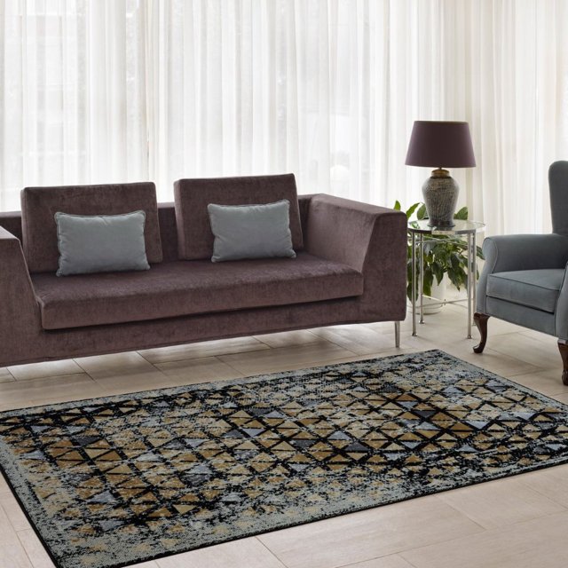 Ladole Rugs Diamond Geometric Area Rug Carpet in Gold Grey Black, (3'11" x 5'7", 120cm x 170cm)