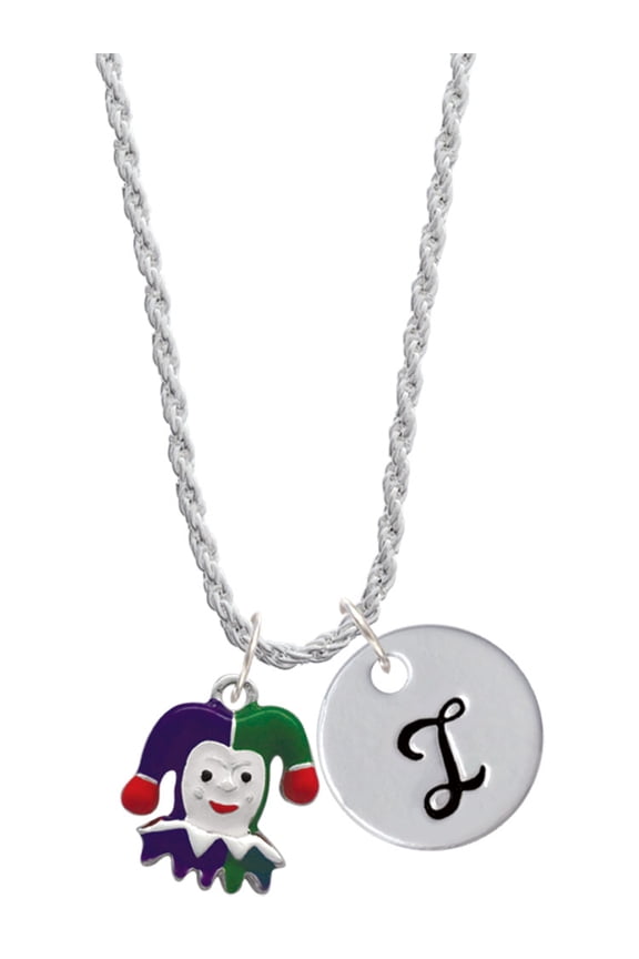 Silvertone Mardi Gras Jester Silvertone Script Initial Disc - I - Charm Necklace, 20"+3"