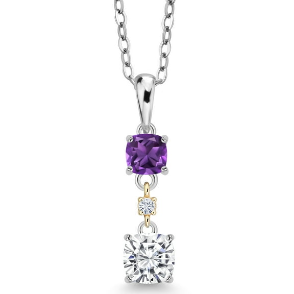 Gem Stone King 925 Silver and 10K Yellow Gold Purple Amethyst Pendant with Chain Set with Moissanite (0.93 Cttw)