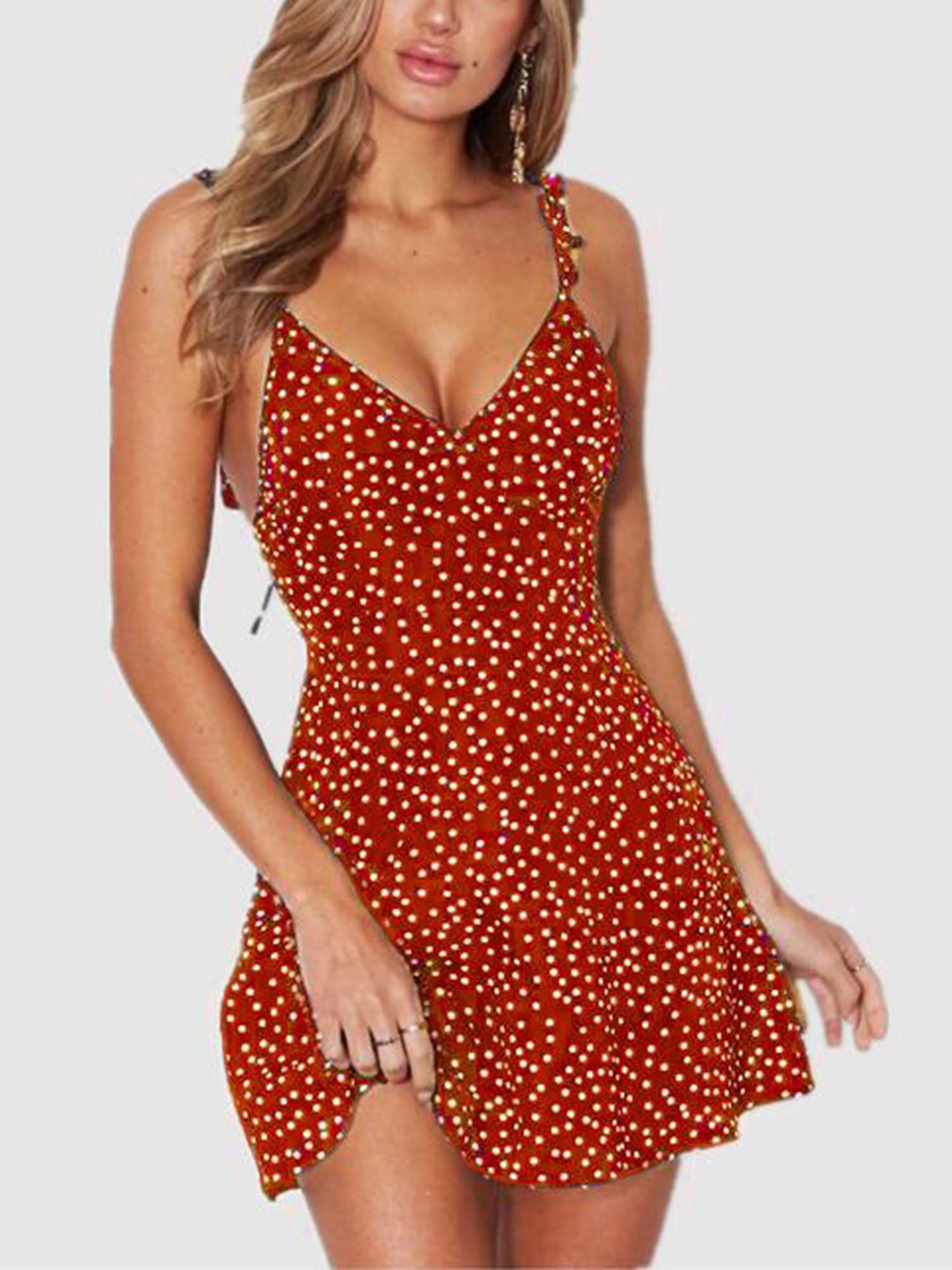 Womens Back Bow Dot Printing Sleeveless Strapless Mini Dress Summer Beach Dress