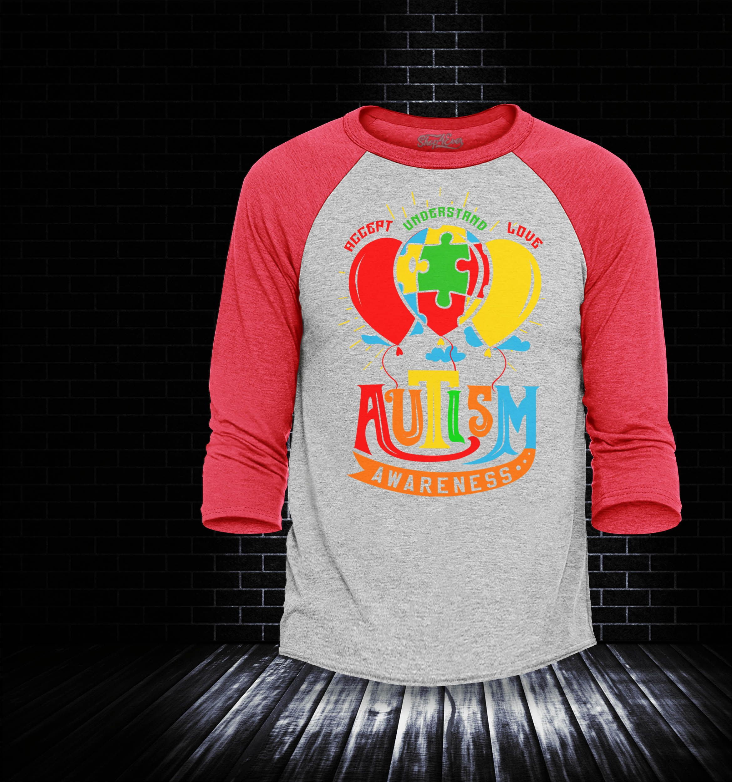 Shop4Ever Men's Accept Understand Love Autism Awareness Balloons Raglan Baseball Shirt Large Heather Grey/Red