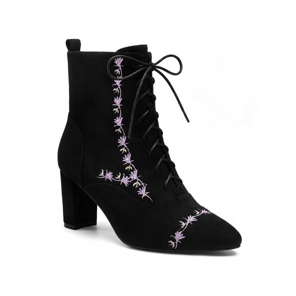 BLISSFUL STEP Embroidered Lace-Up Pointed Toe Block Heel Vintage Ankle Boots for Women Black 7
