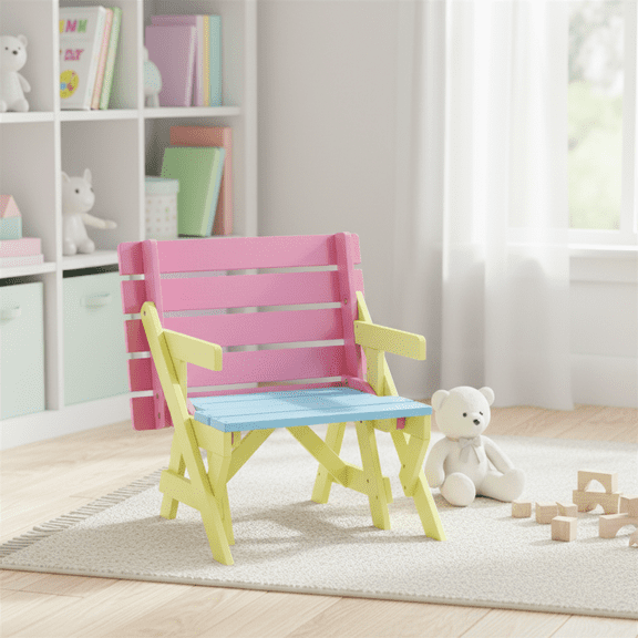 Homy Casa Two-Piece California Coastal Solid Wood Kids Multi-Functional Arm Chair and Table Set 40.6"x20.1"x18.7" Blue & Pink