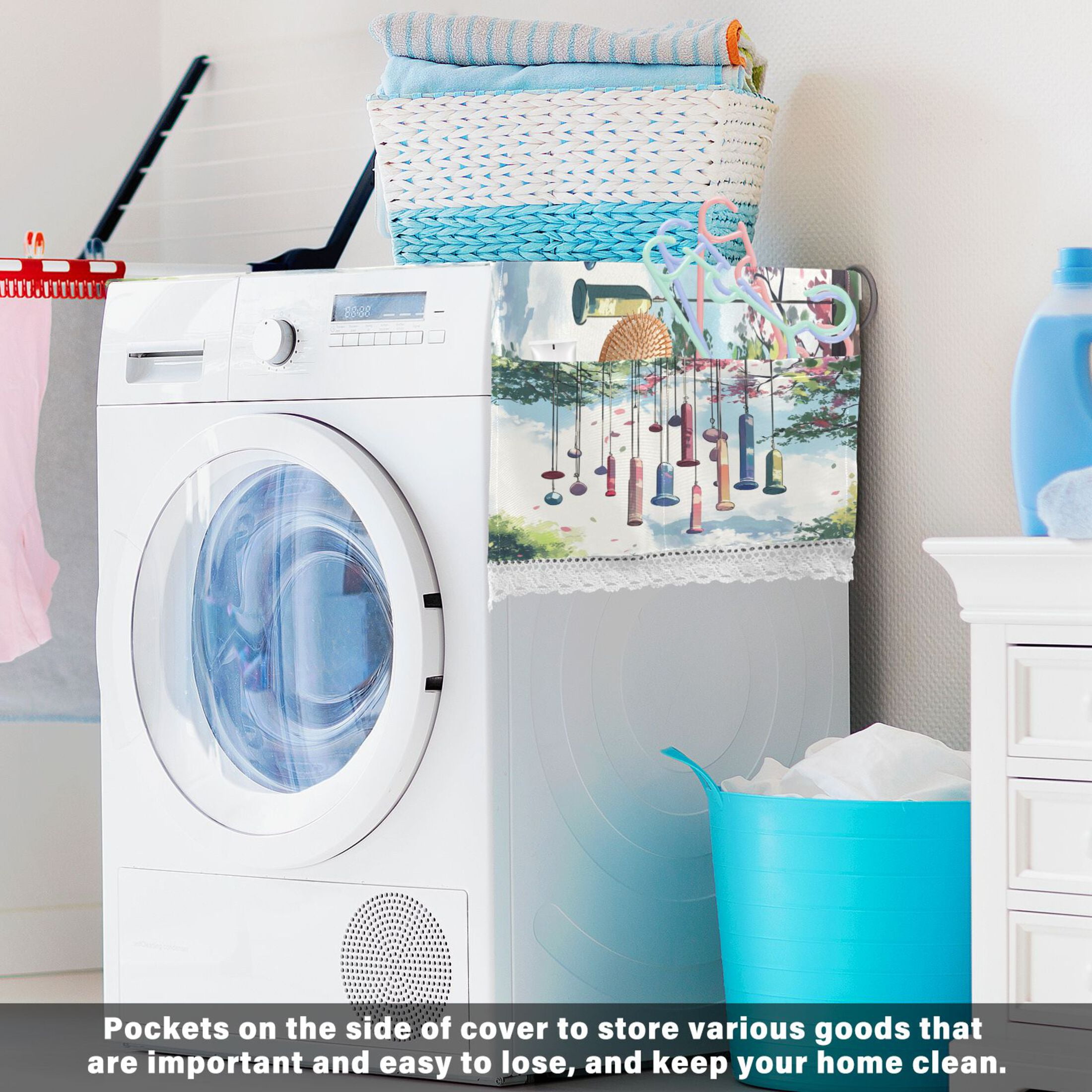 Wind ChimesWasher and Dryer Covers Dust-Proof and Oil Resistant Fridge Cover with 4 Storage Pockets Washing Machine Top Cover for Laundry Kitchen Home 51.2 x 22 In