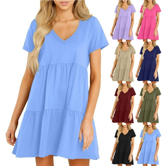 SMihono Womens Summer Casual Dresses 2025 Short Sleeve V-Neck Tshirt Dress Flowy Babydoll Dress Swing Shift Loose Mini Tunic Dress Black L