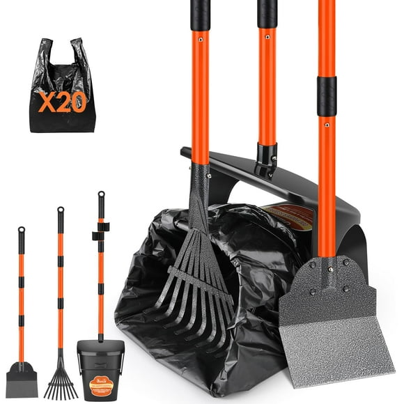 SlowTon Dog Pooper Scooper - 37.4" Long Handle Adjustable Metal Swivel Bin & Rake & Spade Kit with 20 Waste Bags, Portable Pooper Scooper for Gravel Lawn Grass, Suit for Small