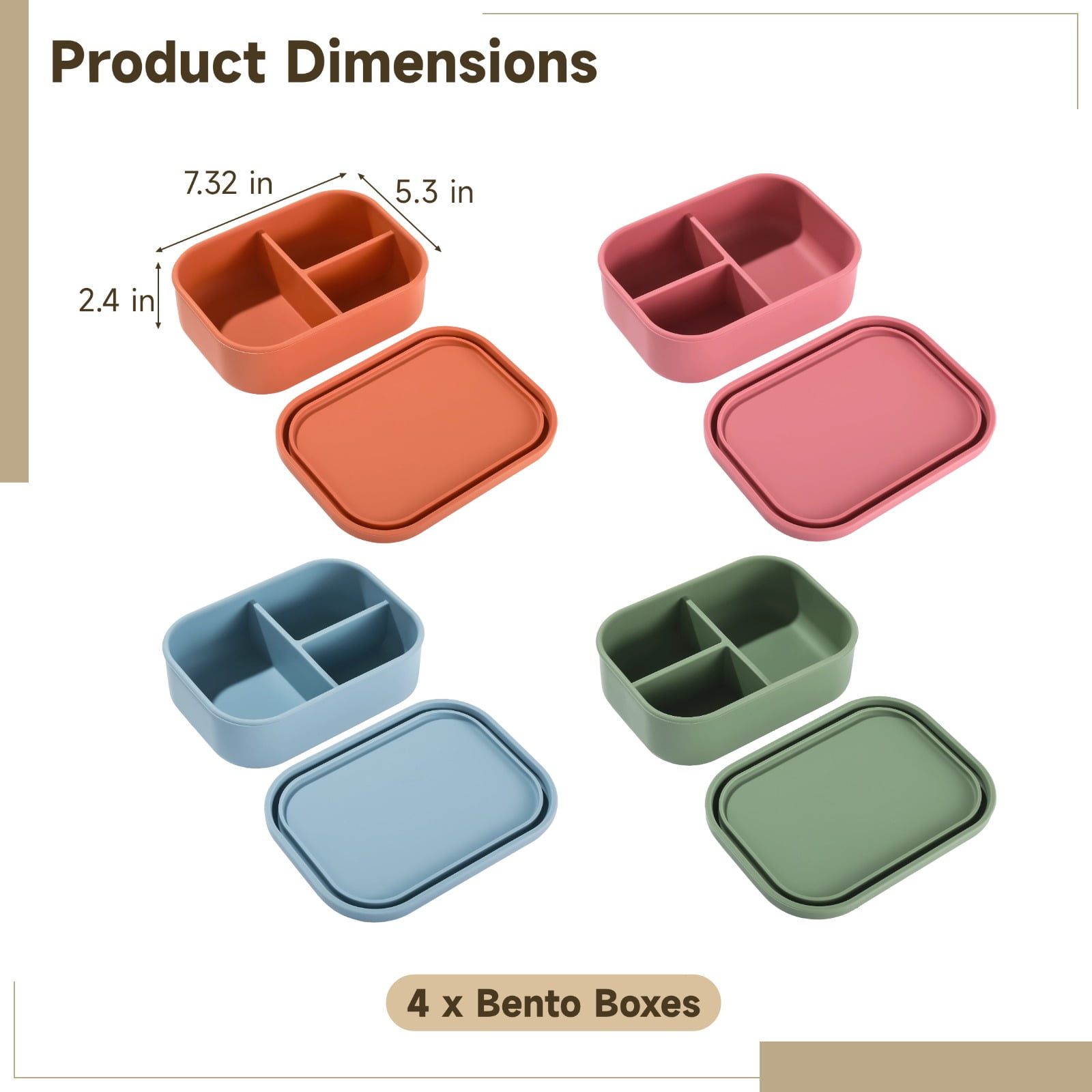 4 Pcs Silicone Bento Boxes, 3 Compartment Lunch Container, Leakproof, Microwave/Dishwasher/Freezer Safe, 7.2 x 5.3 x 2.4 in, Ideal for Office,and On-the-Go
