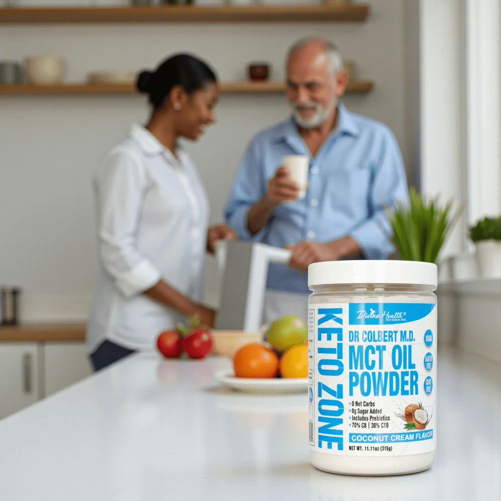 Dr. Colbert, MD MCT Oil Powder | Coconut Cream Flavor | by Divine Health | Keto Zone | 75/C8 25/C10 | 0 Net Carbs | 30 Day Supply | 315g