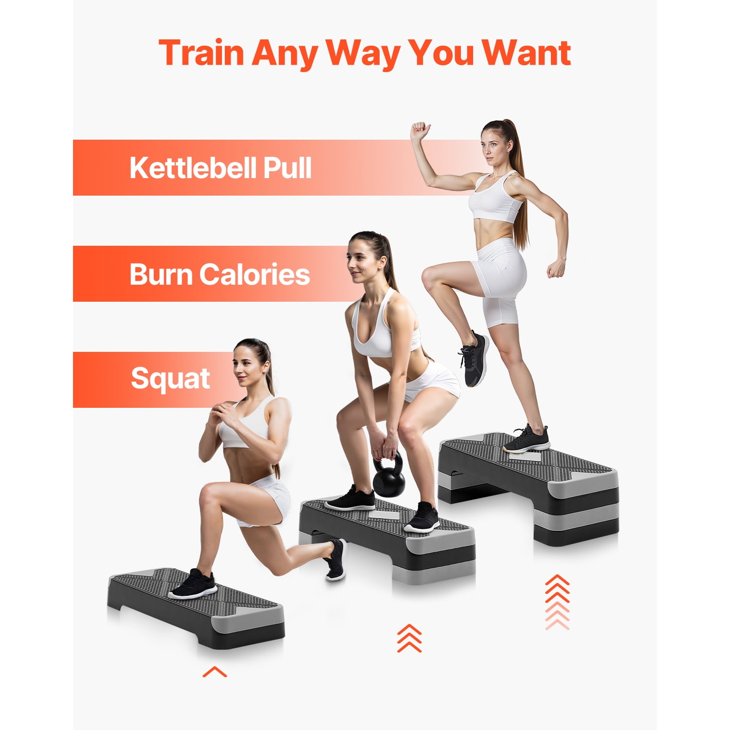 KFFKFF Aerobic Exercise Step Platform, 28-Inch Workout Stepper, Adjustable Height Fitness Training Deck with 4 Risers, Non-Slip Surface Bench for Cardio and Strength Workouts, Gray