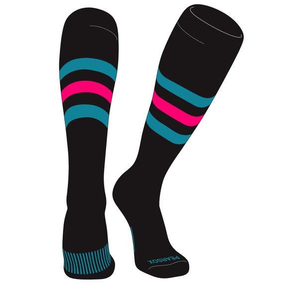 PEAR SOX Striped OTC Baseball, Softball, Football Socks (H) Black, Marlin Teal, Hot Pink (XL)