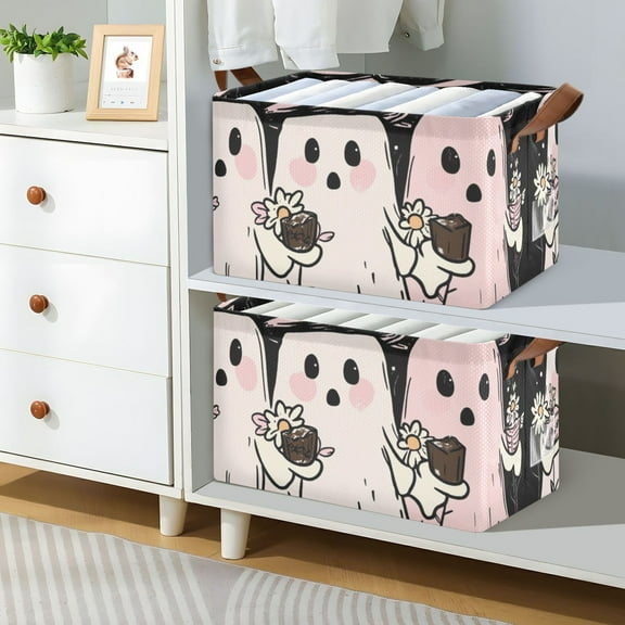Halloween Ghosts Pink Foldable Storage Large Fabric Storage Baskets Organizer Storage Bins with Handles for Shelves