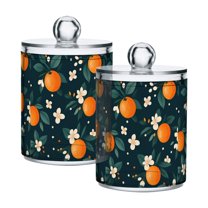Yayeee 2 Pack Qtip Holder Bathroom Cotton Swab Canister with Lid Clear Dispenser Set, Green Floral Oranges