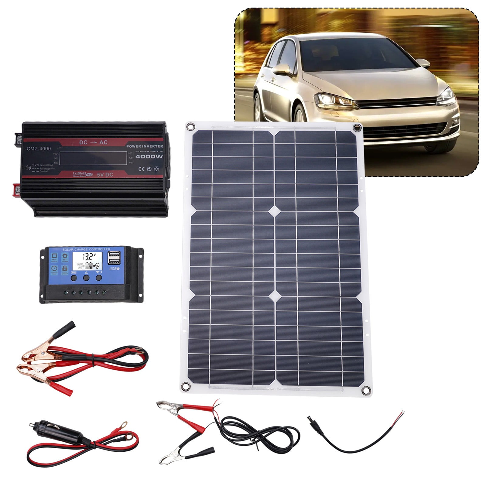 CHENGSI Solar Panel Kit, DC12V to AC220V Complete 4000W Solar Inverter System Kit, 18W Waterproof Folding Solar Panel, 12V100A Solar Charge Controller with LCD Digital Display and 2 USB Ports