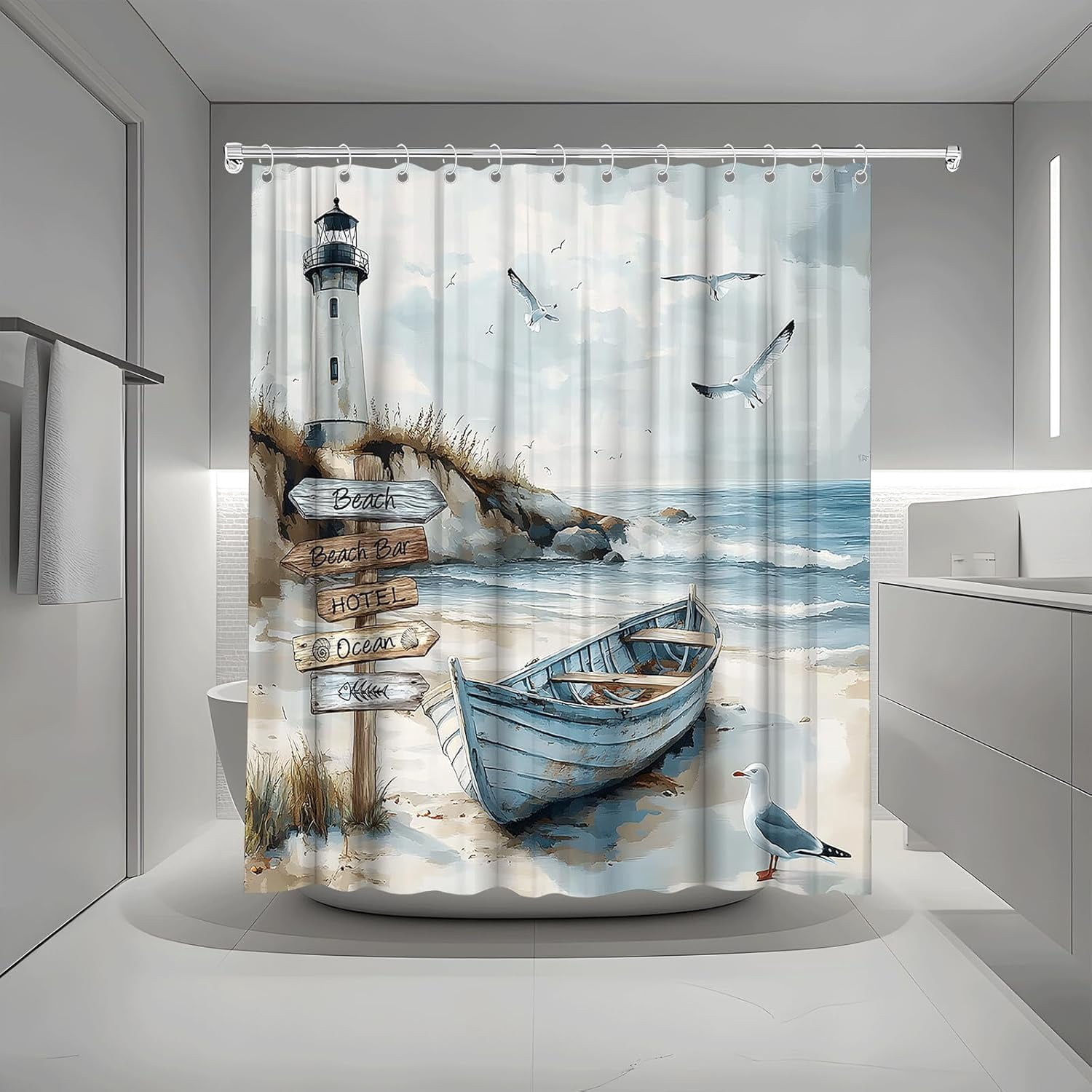 Nautical Coastal Shower Curtain Ocean Beach Lighthouse Seasides Sailboat Seagull Wild Grass Sea Waves Watercolor Seascape Bath Curtain Fabric Bathroom Accessories Decor with Hooks 72"W x 72"L