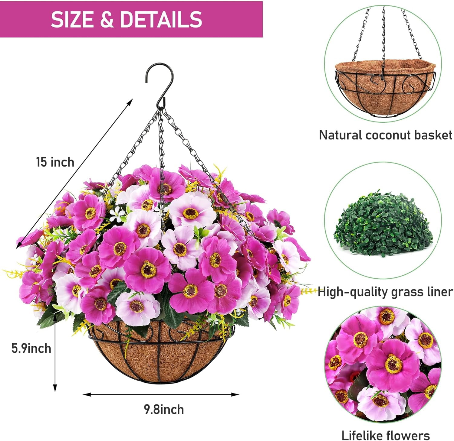 Artificial Fake Hanging Flowers Baskets for Outdoors Spring Summer Decoration Faux Silk Colorful Daisy UV Resistant for Garden Porch Home Patio Balcony Decor