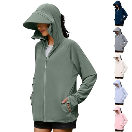 Trgacdwlo Ice Silk Women s UPF 50+ Sun Protection Shirts with Wide Brim Quick Dry Cooling Rash Guard Zipper Fishing Shirt Gray
