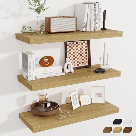 Deep Floating Shelves, 32W x 12D Oak Wall Shelves, 32 Long Rustic Wood Wide Storage Shelves for Bedroom, Kitchen, Farmhouse, Laundry Room, Bedroom, Kitchen, Home Office- Set of 3