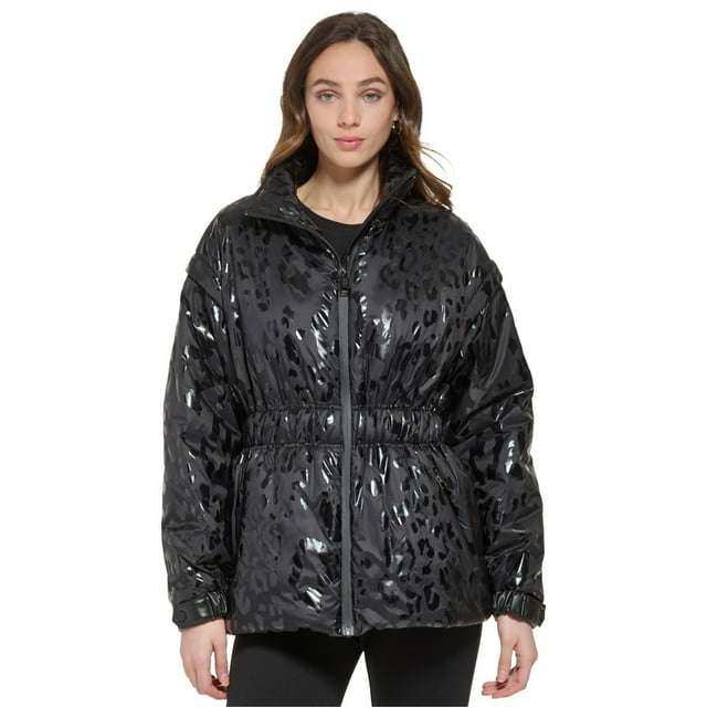 DKNY Womens Stand Collar Animal Print Puffer Jacket, Black, Medium