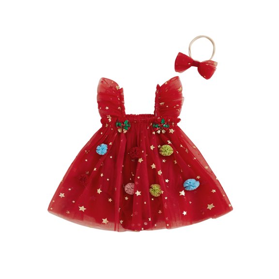 Cjfdfy Newborn Baby Girl Christmas Dress Infant Baby Girls Christmas Outfit Ruffle Sleeve Star Sequin Layered Tutu Tulle Dress Pompom Headband Little Girls Cake Smash Birthday Party Xmas Tree Dress