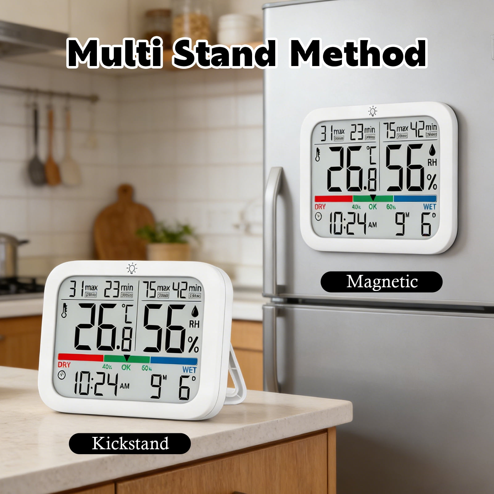 Amaopus 2 Pcs Mini Digital Indoor Thermometer Hygrometer Clock, Room Temperature Humidity Monitor with Calibration, Backlight, Air Comfort Indicator, 24H Max Min Record, Time, Date, Alarm for Home