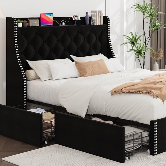 Full Size Bed Frame with Wingback Headboard, 4-Drawer Velvet Upholstered Platform Bed frame with Charging Station, Button Tufted Storage Bed, No Box Spring Needed, Black