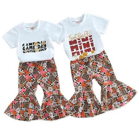 

Ma&Baby Toddler Girls Football Outfit Letter Print Short Sleeve T-shirt Tops and Floral Flares Pants Set